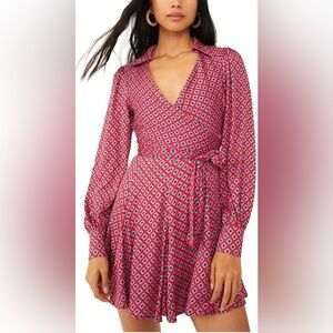 FREE PEOPLE S It Takes Two Lng Sleeve Geometric Belted Open Back Mini Dress Pink